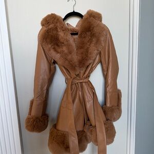 Chic Tan Faux Fur Women's Teddy Jacket with fur hood